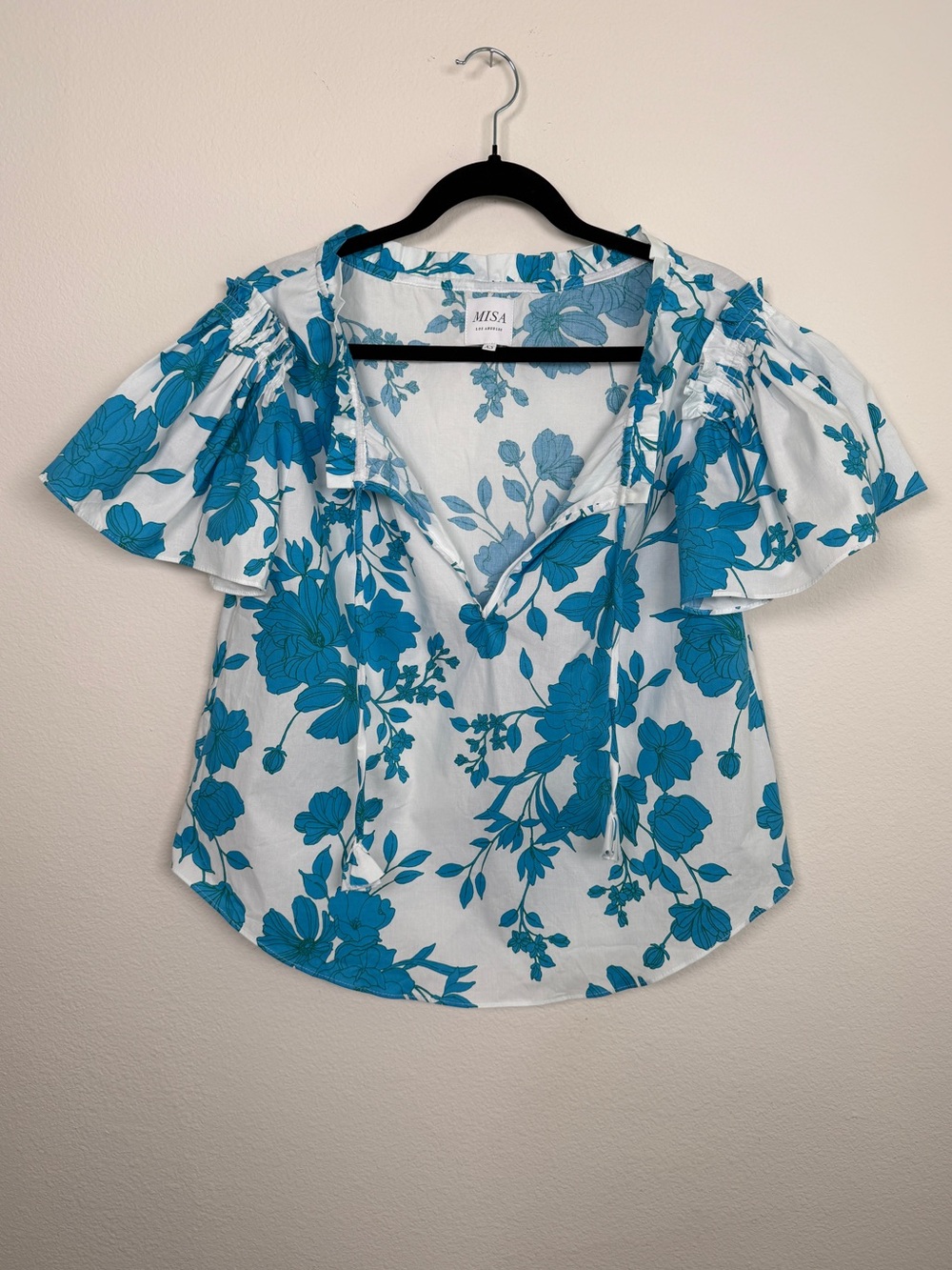 MISA Los Angeles Suparna Turquoise Floral Ruffle Top Size XS